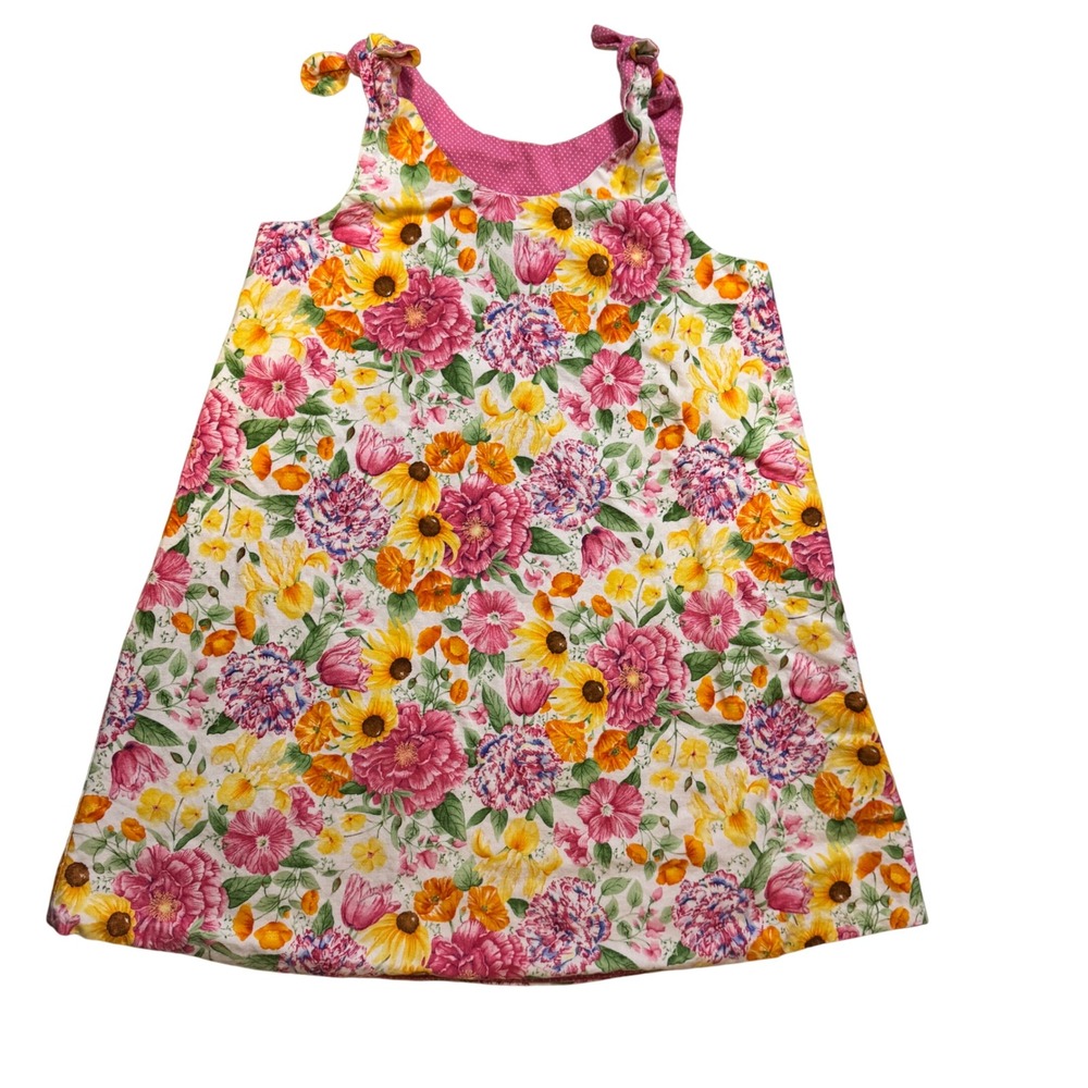 Floral Sunflower Reversible A Line Dress Pink Polka Dot Girls Sz 6 Tie Shoulder